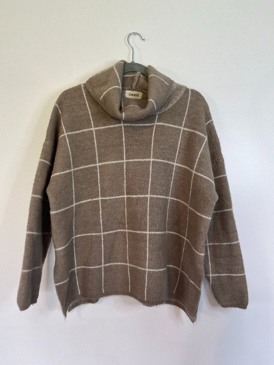 Clarisbelle Sweaters - Clarisbelle Tan White Plaid Cowlneck Sweater